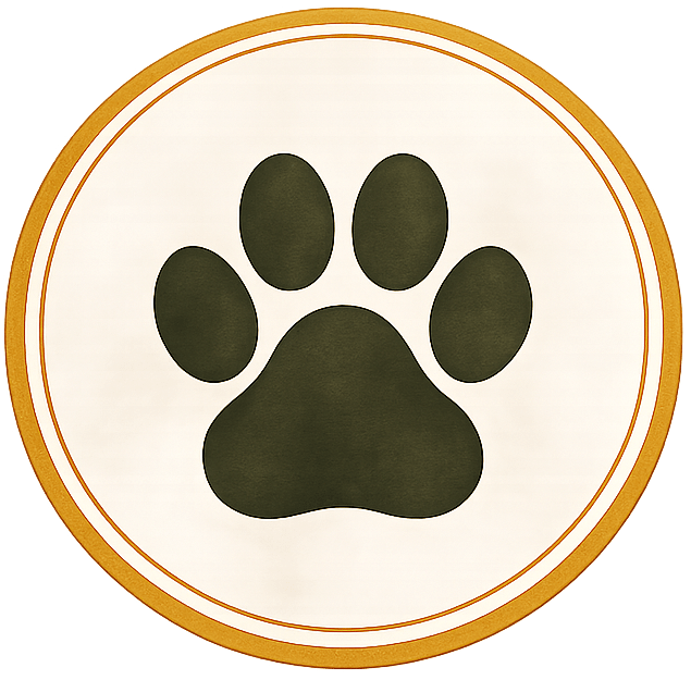 Black paw print inside a circle with an orange border on white background.