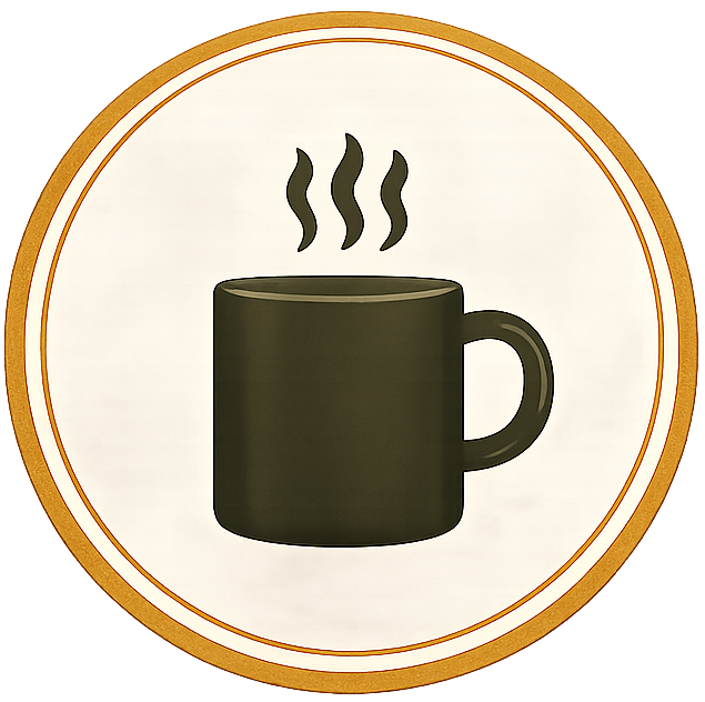 Icon of a steaming coffee mug in a circle on white background.